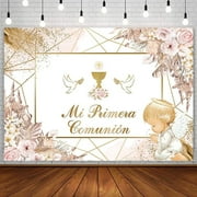 Baptism Backdrop Mi Primera Comunion Christening Party Decorations First Holy Communion God Bless Banner Boho Pink Floral Gold Dots White Pigeon Photography Background Photo Props
