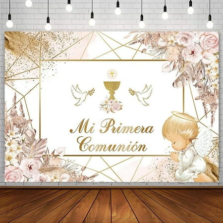 Baptism Backdrop Mi Primera Comunion Christening Party Decorations First Holy Communion God Bless Banner Boho Pink Floral Gold Dots White Pigeon Photography Background Photo Props