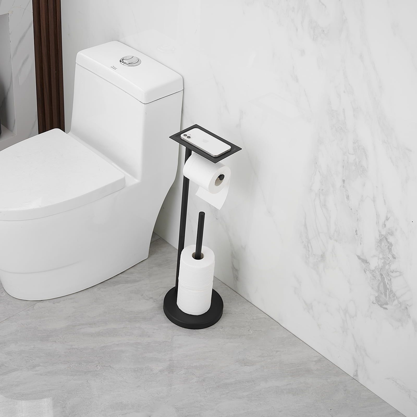 Freestanding Stainless Steel Toilet Paper Holder with Top Storage Shelf in Matte Black