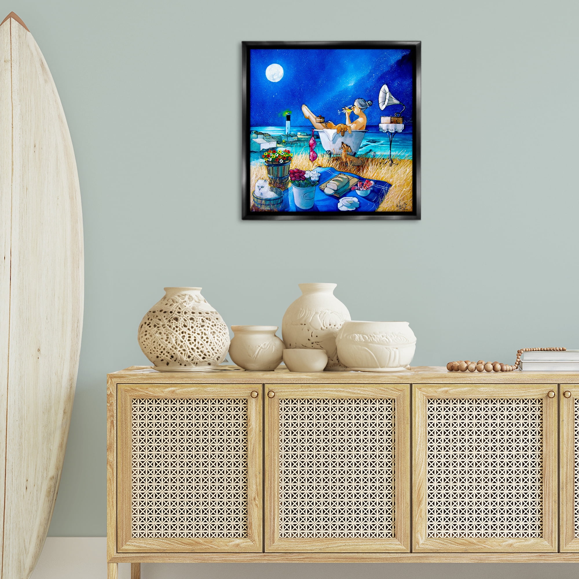 Stupell Industries Nighttime Bath by Sea Food & Beverage Painting Black Floater Framed Canvas Art Print Wall Art, 25 x 25