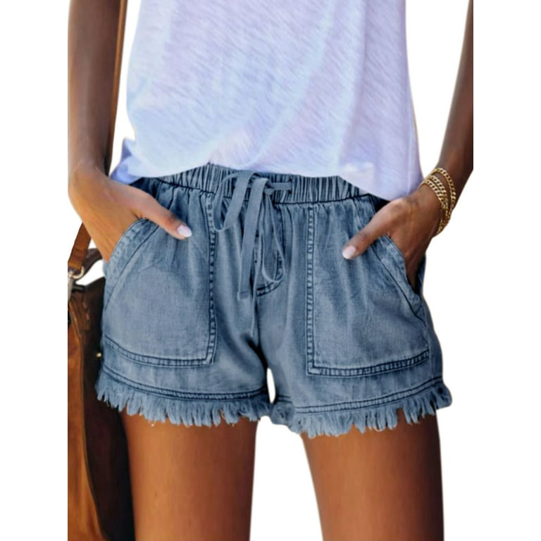Sexy Dance Ladies Shorts Casual Summer Denim Shorts for Women Mid Waist  Stretchy Jean Pull On Shorts Junior Lace Up Fitting Tassels Hot Pants