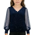 thumbnail image 3 of Girls Casual Carnival Party Long Sleeve V Neck Top Sparkly Loose T Shirt Soft Lightweight Teens Festive Celebration Blouse Navy 7-8 Y, 3 of 10