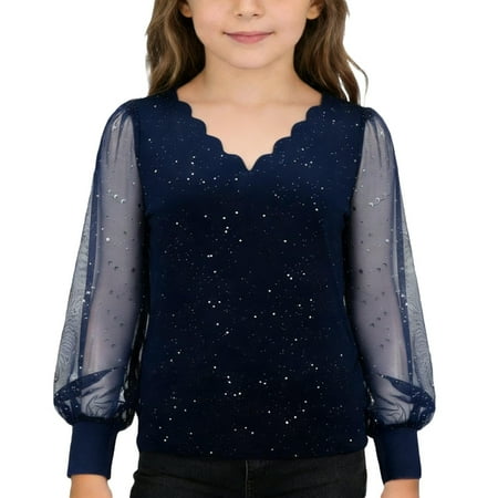 QUOTAY Girls Long Sleeve V-Neck Girls Tops Sparkly Collar Loose Fit Casual Tee Shirt For Tweens Festive Holiday Party Celebration Blouse Glitter Sheer Mesh Top 01_Navy 110