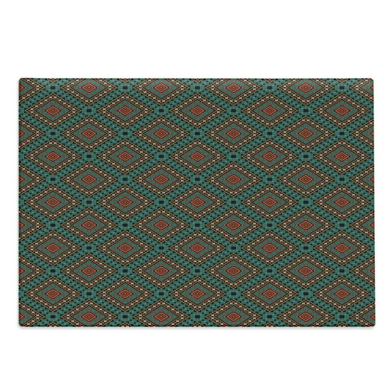 Ethnic Cutting Board, Border Antique Design Tile Pattern Print, Decorative Tempered Glass Cutting and Serving Board, Large Size, Coral Teal Black, by Ambesonne