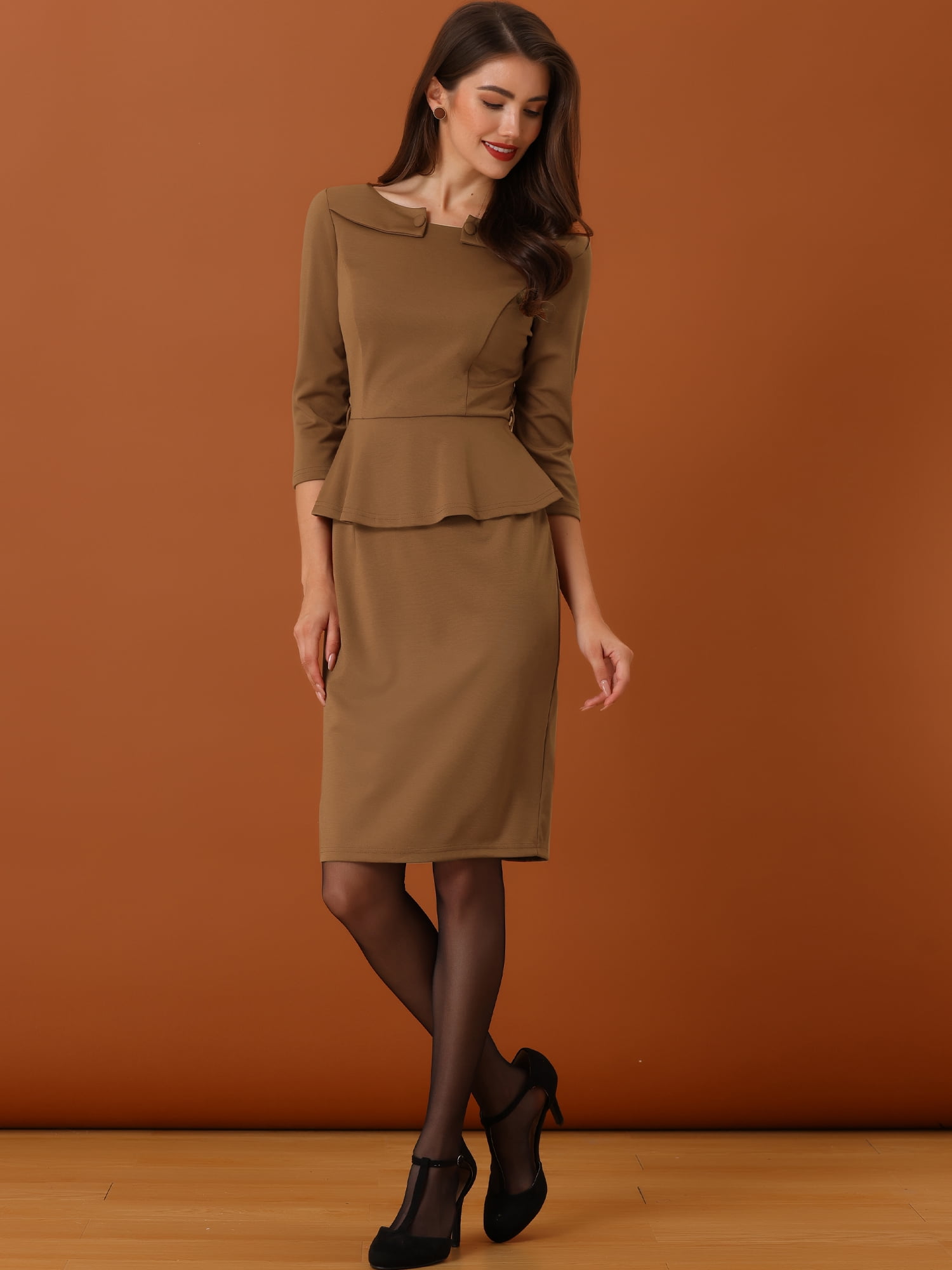 DARING DIVA Peplum Dress Belted Cocktail Sheath Dress XS Brown