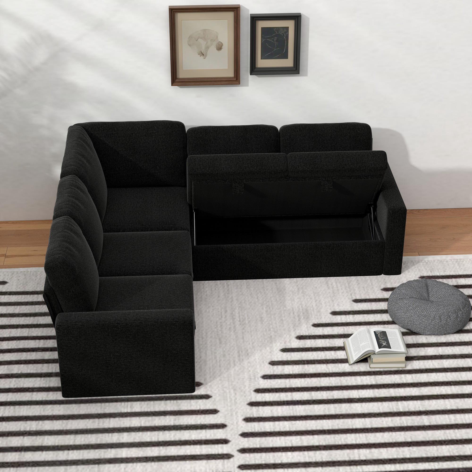 Gewnee 5-Seater Black L-Shaped Convertible Sofa - Skin-Friendly & Wear-Resistant Chenille Fabric, Solid Wood Frame with Multifunctional Storage, for Living Rooms & Halls