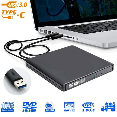 AUBEAMTO Aluminum Portable USB 3.0 Slim 8X DVD/ Burner  /- Rewriter External Drive with Type-c, Compatible with both Mac & Windows, (XD058) Black