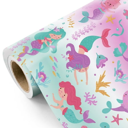 WRAPAHOLIC Mermaid Wrapping PriNst Paper Roll - Mini Roll - 17 Inch x 9.8 Feet - Little Mermaid Wrapping Paper for Birthday Girls, Baby Shower, Kids Birthday