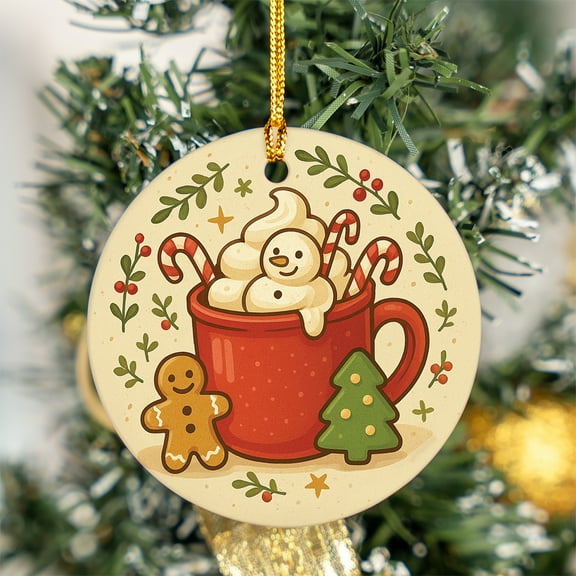 ViciArt Hot Cocoa Christmas Ornament, Ceramic, 3" Round, Holiday Decor, Gingerbread & Candy Cane, Xmas Tree Decoration