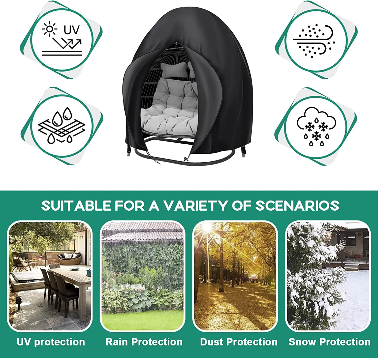 Egg Chair Cover,Patio Extra Large Double Egg Chair Cover for Outdoor Furniture, Heavy Duty Swing Hanging Egg Chair Cover Waterproof, Dust-Proof,7.87" x 9.84" x 1.97",Black
