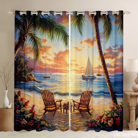 Erosebridal Hawaii Beach Curtains Pack of 2 (38x45), Summer Holiday 30%-50% Blackout Curtains for Bedroom, Romantic Sunset 30%-50% Black Out Curtains, Window Drapes Room Decoration