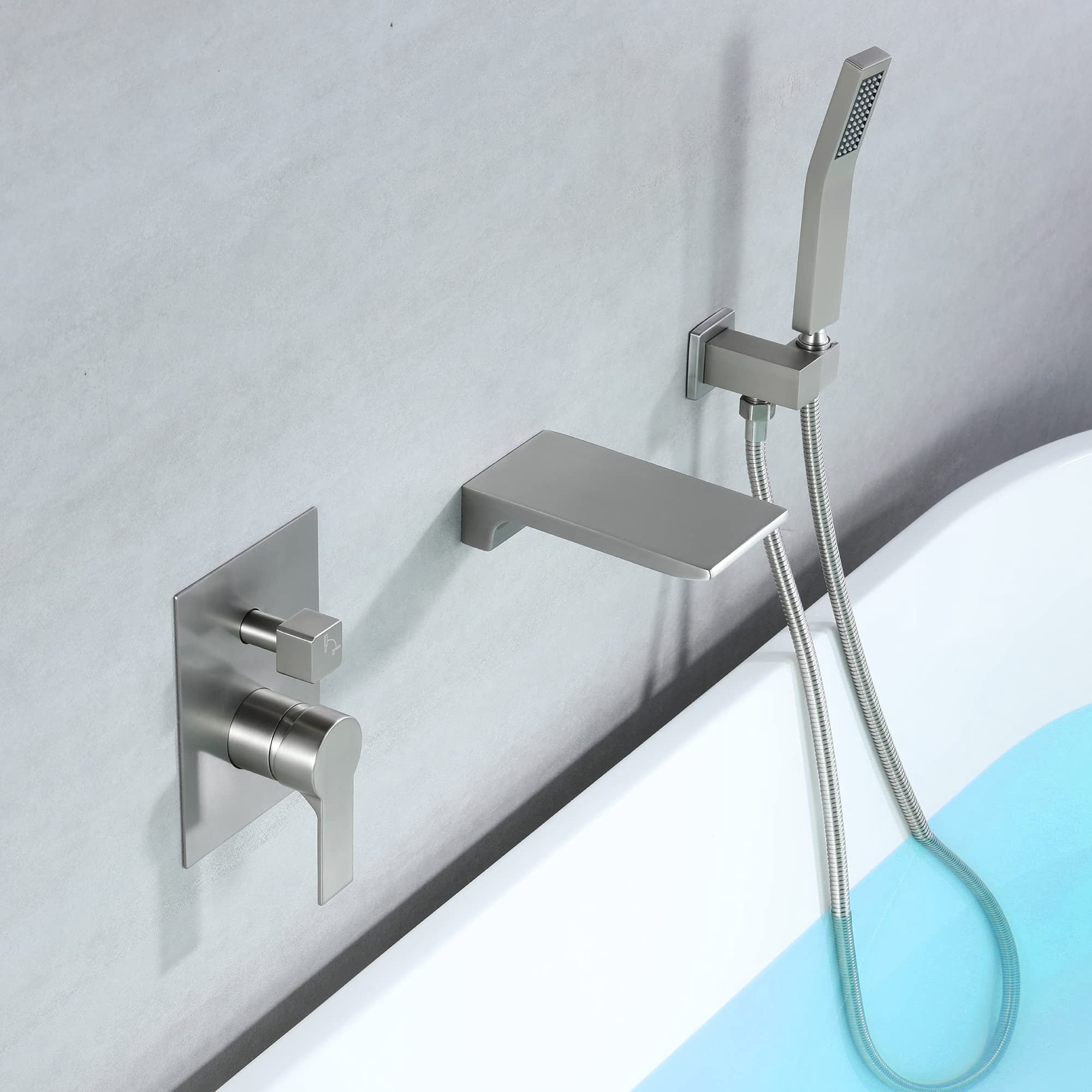 Waterfall Wall Mounted Bathtub Faucet With Hand Shower Brushed Nickel