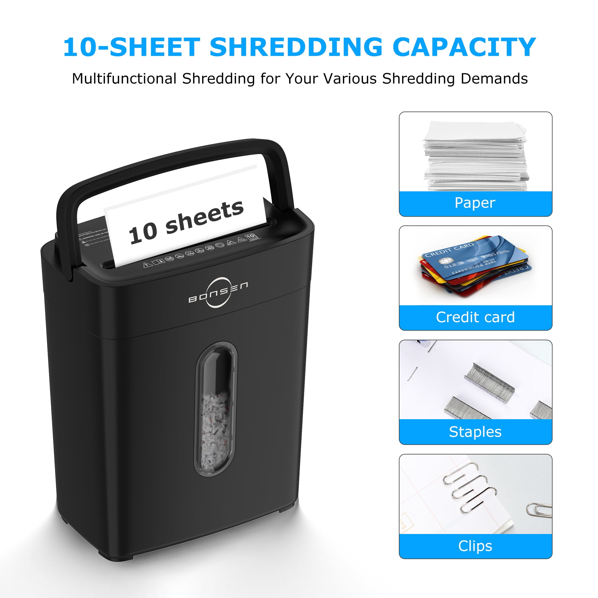 BONSEN 10-Sheet Cross Cut Paper Shredder, Shred Credit Card Paper Shredder for Home Use, Compact Design with Portable Handle, Black
