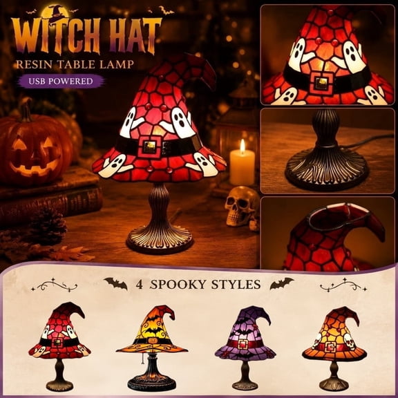 2pcs Vintage Style Witch Hat Table Lamp, Gothic Halloween Decor Night Light, Battery Powered LED Lamp for Bedroom, Desk, Party and Home Decoration