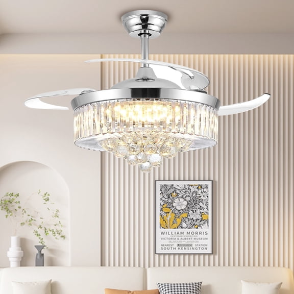 42" Retractable Crystal Ceiling Fan with Light and Remote Control, 6-Speed Quiet DC Motor, Dimmable LED Fandelier for Bedroom and Living Room, Chrome Finish