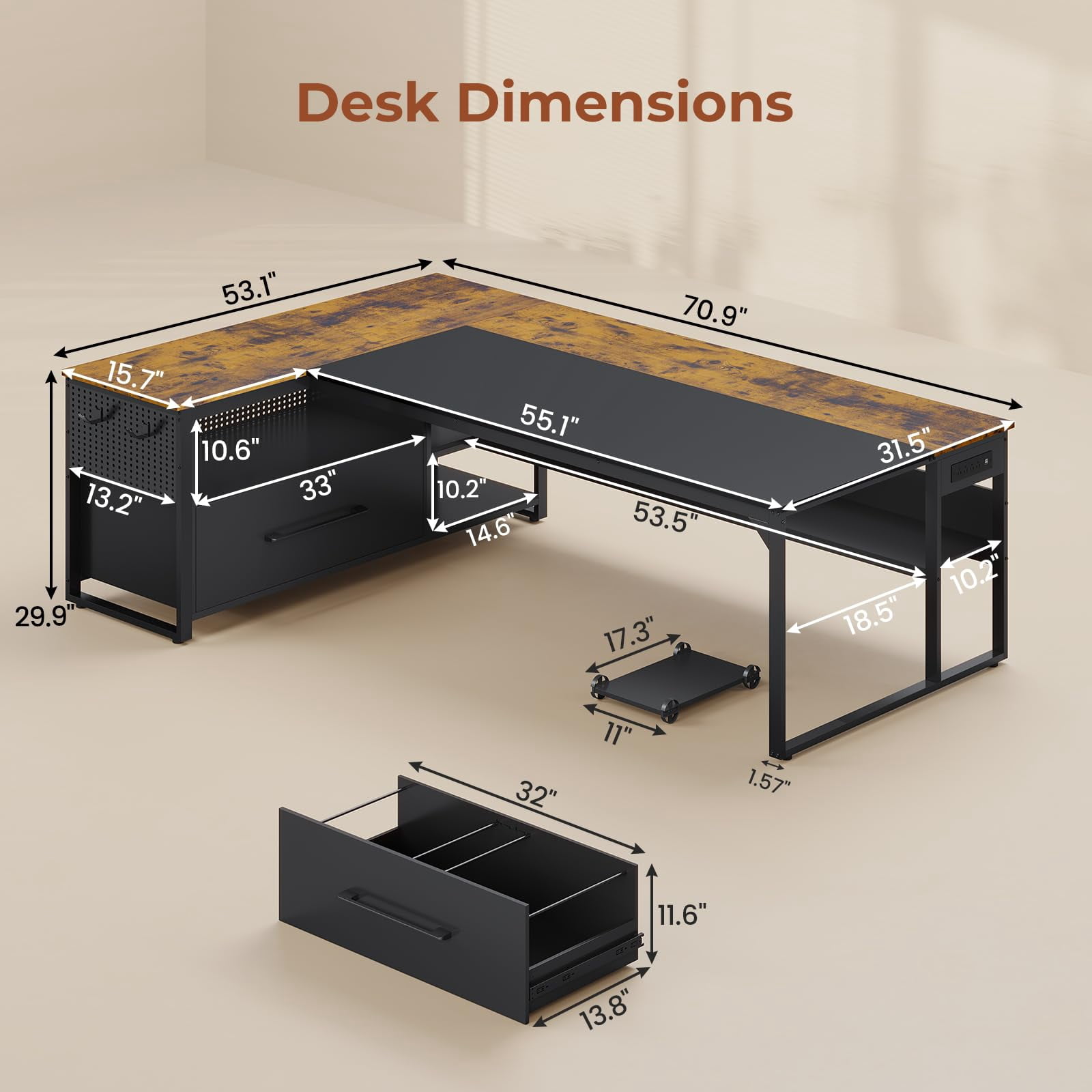 71" Executive Desk, Large Office Desk with Widen File Drawers & Power Outlets, Reversible L Shaped Computer Desk Corner Desk with Storage Shelves, CPU Stand, Hooks, Business Furniture