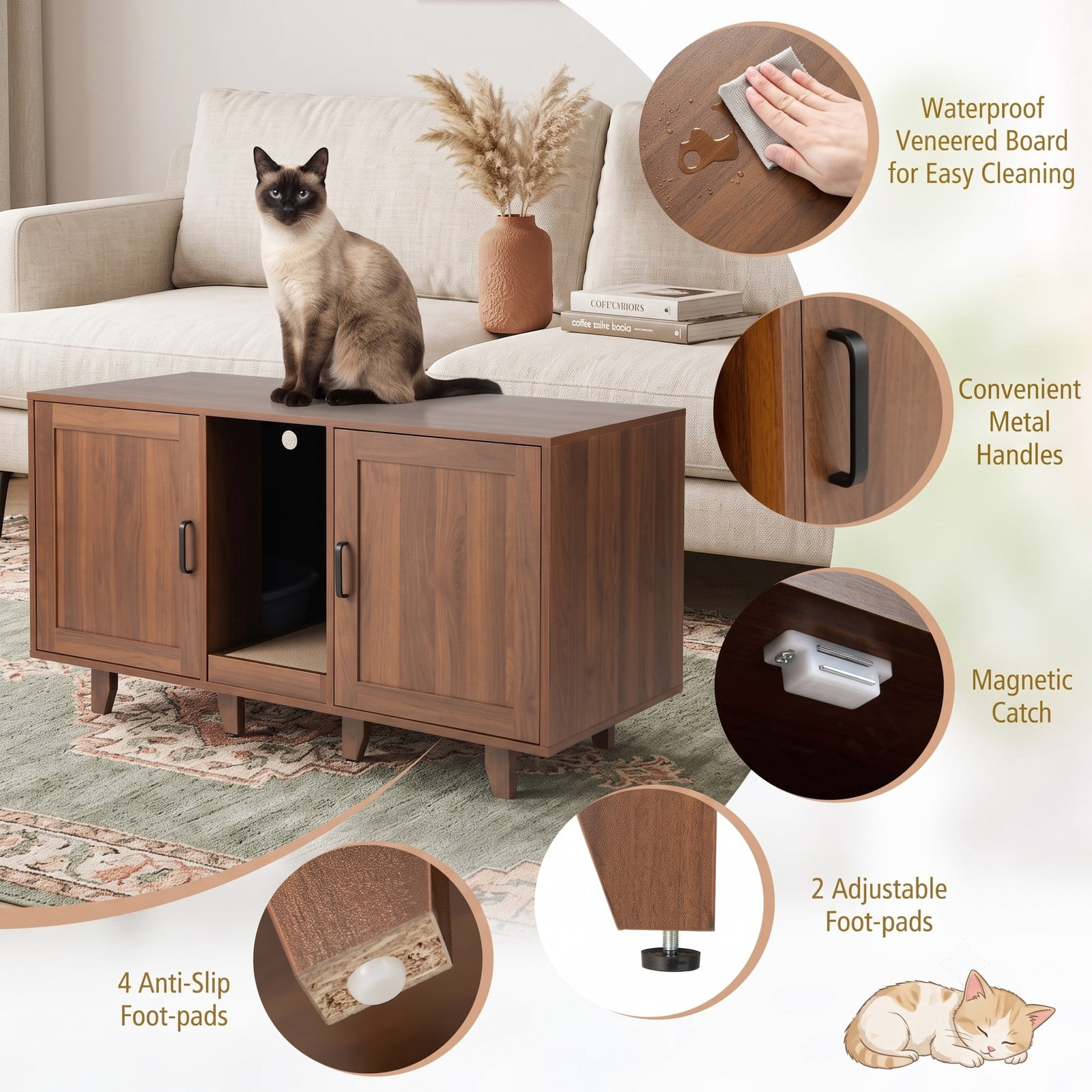 ALPULON Patented 2-Door Cat Litter Box Enclosure Hidden Cat House with Winding Entry, Scratching Board & Magnetic Doors, Wooden Cat Washroom Side Table TV Stand, Brown
