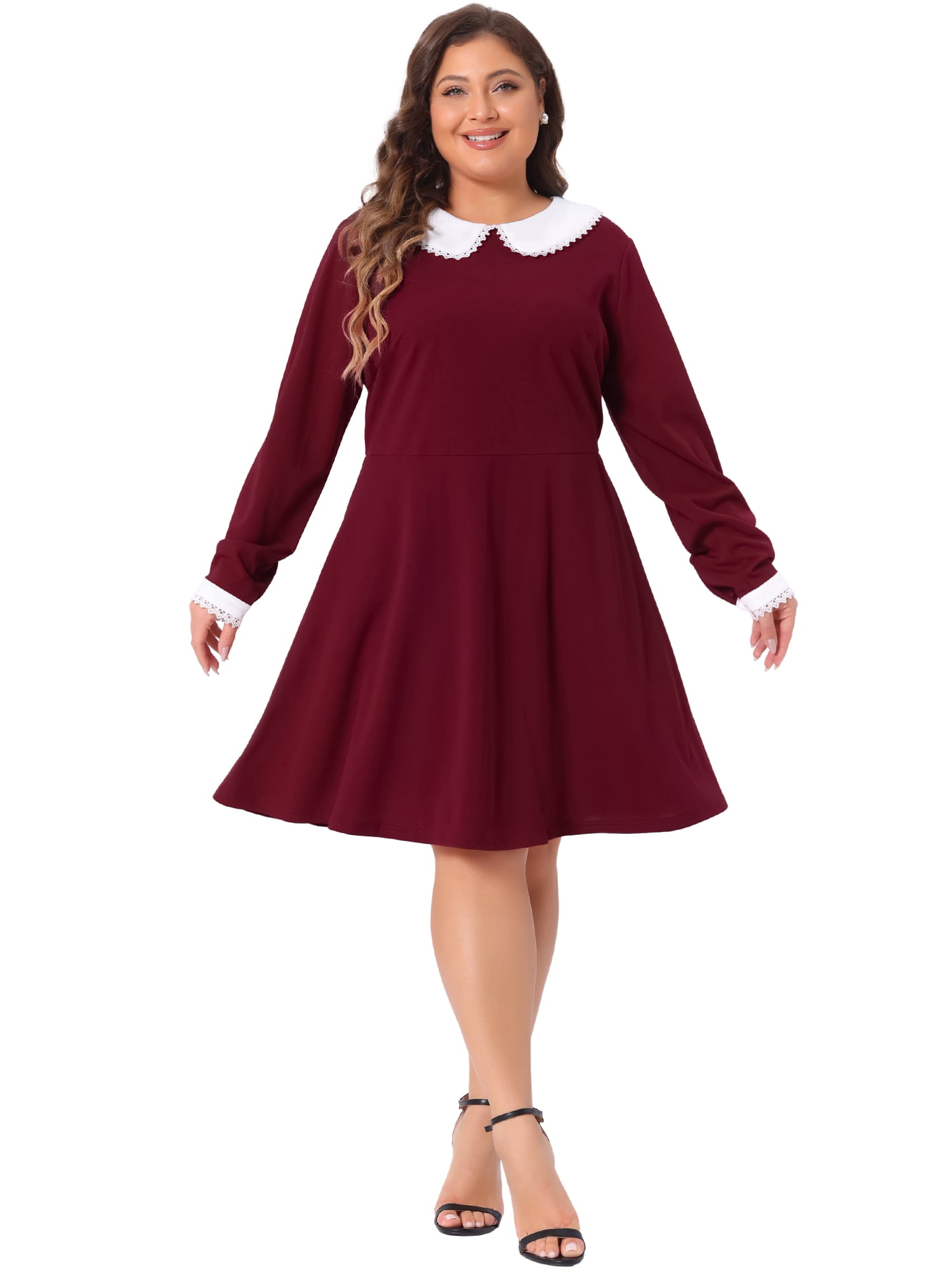 DARING DIVA Women's Plus Size Long Sleeves Collar A-line Midi Dress 1X Burgundy