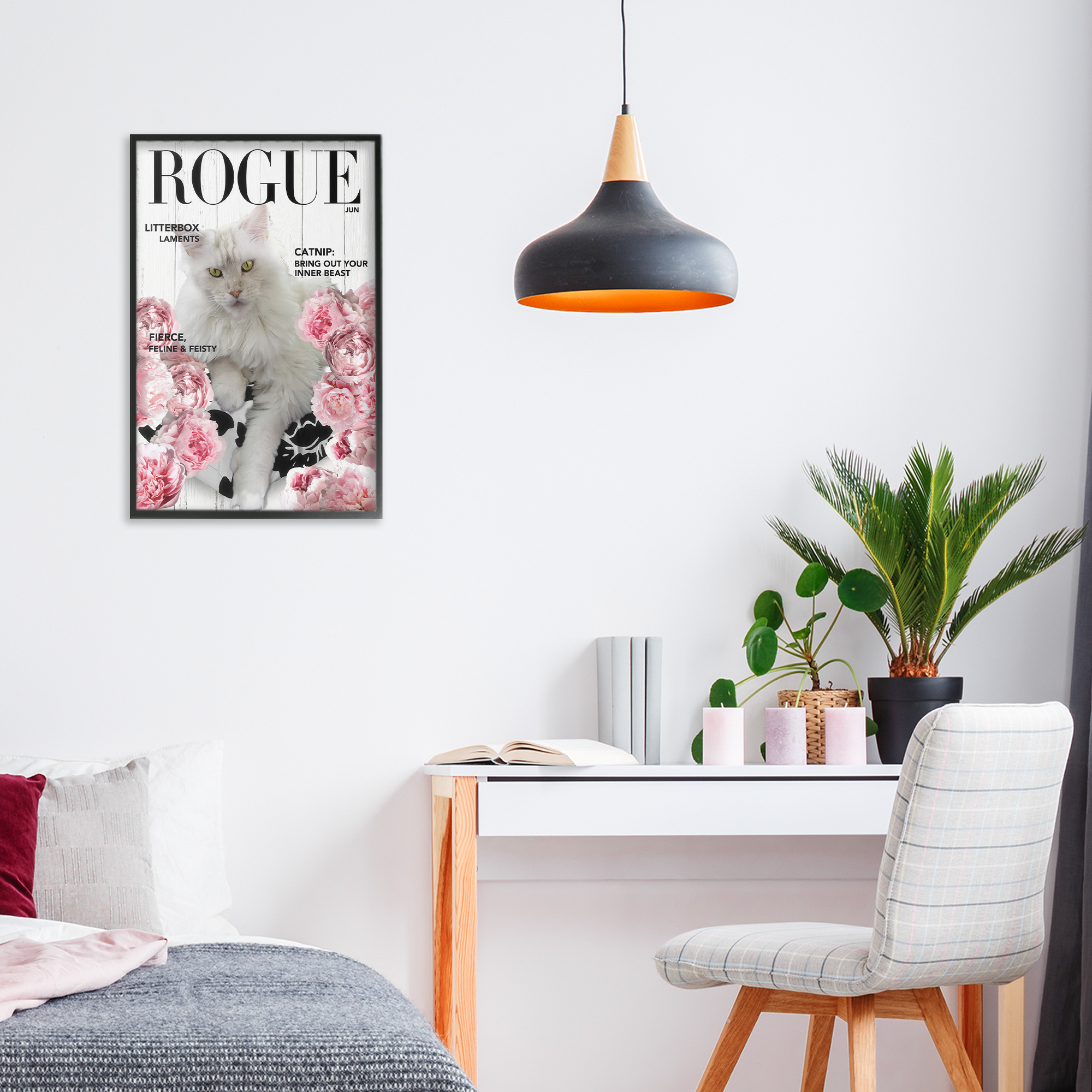 Funny Floral Cat Magazine Black Framed Giclee Art, design by Sasha