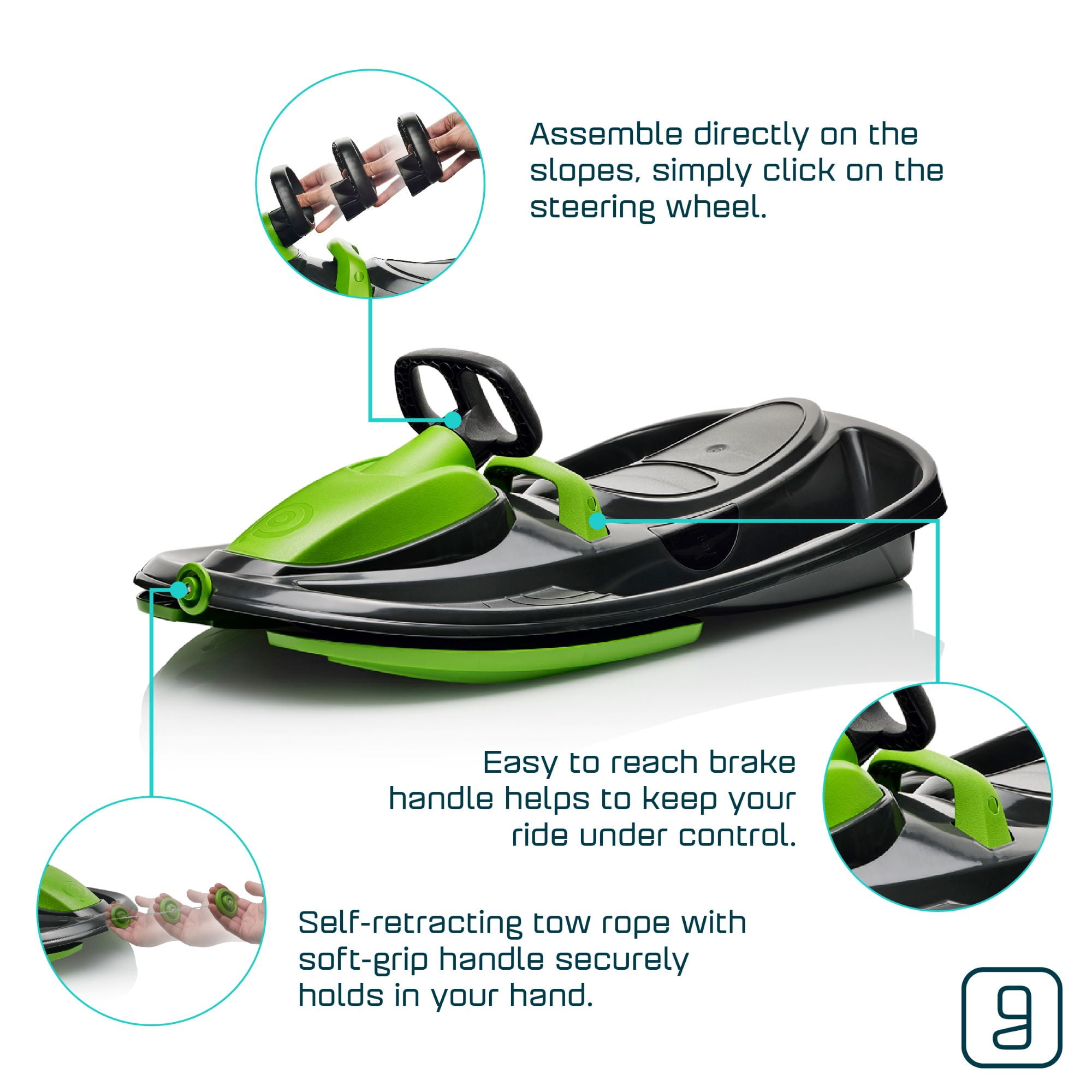 Gizmo Riders Stratos Bobsled for Kids, Steerable Snow Sled , Ages 3+, Black,Green