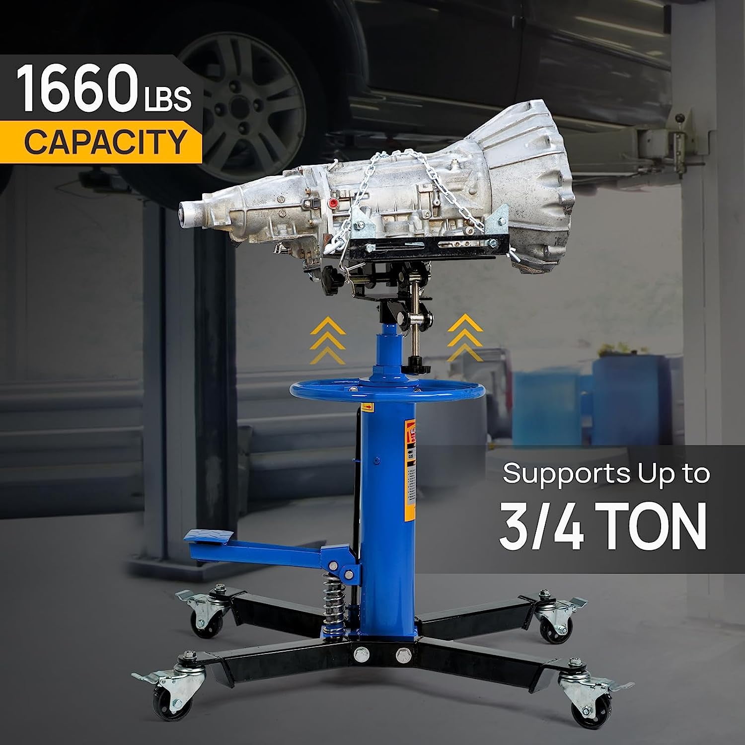 TUFFIOM Transmission Jack, 1660 lbs 3/4-Ton Hydraulic 2-Stage High Lift Vertical Telescoping Floor Jack Stand, 34" to 68" Lifting Range, w/Pedal, 360° Swivel Wheels, Garage/Shop Lift Hoist