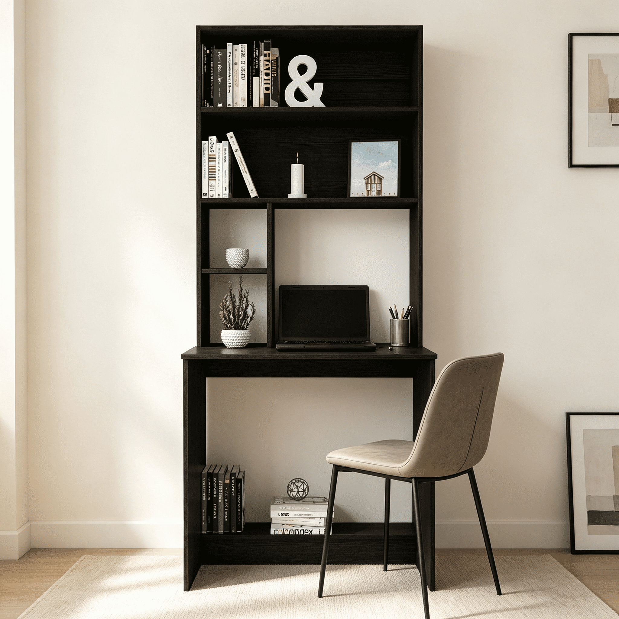 Astoutdoor Compu Hutch Desk with Four Shelves, Writing Desk, One Lower Shelf - Black
