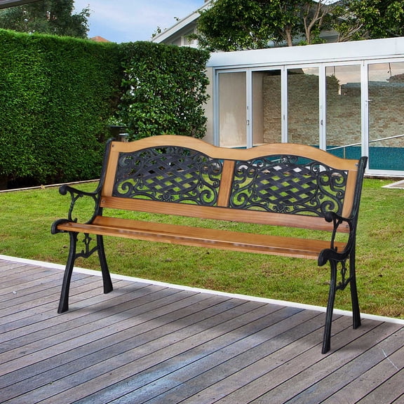 Outsunny 50" Outdoor Garden Bench, Park Style Patio Bench with a 2 Person Loveseat Design, Wood & Metal with Antique-like Flourishes, Teak
