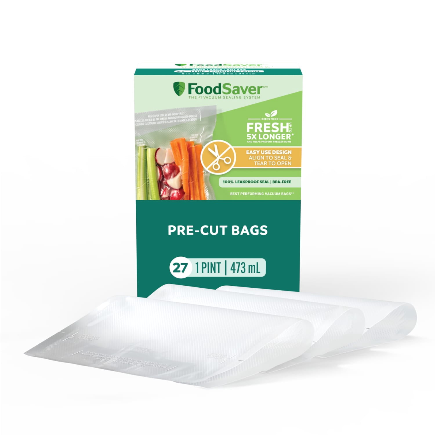 (2 pack) FoodSaver Pint Vacuum Seal Bags, 27 Count Pre-Cut BPA-Free Freezer Bags, Align to Seal & Tear to Open for Food Storage, Sous Vide, and Meal Prep