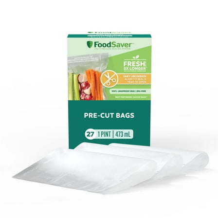 FoodSaver Pint Pre-Cut Vacuum Seal Bags, Easy Use Vacuum Storage Bags, Align to Seal and Tear to Open Vacuum Sealer Storage Bags, 27 Pack