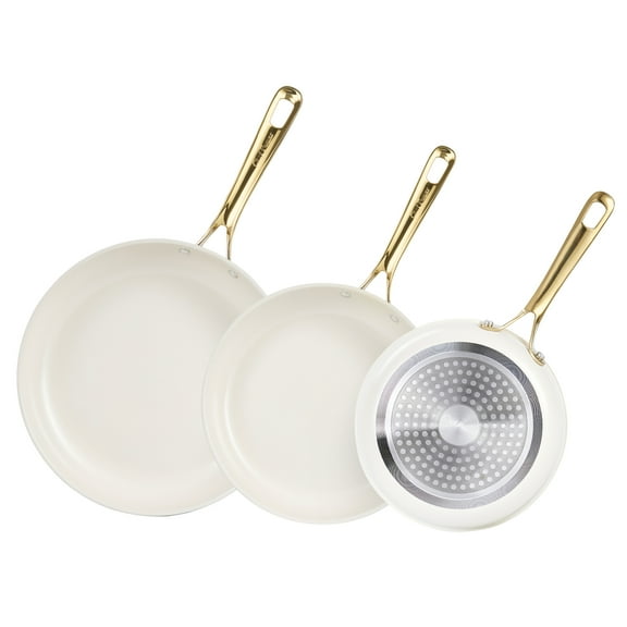 Chef Power 3 Pcs Non-Stick Ceramic Pots and Pans Set, with Stainless Steel Light Gold Handles, Cream White, Dishwasher and Oven Safe