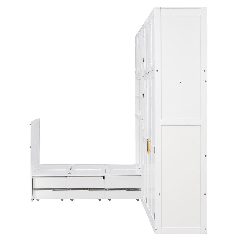 Twin Size Pull Out Murphy Bed with Wardrobe & Shelves, Storage Platform Bed Frame with LED Display Shelves & Overhead Cabinets