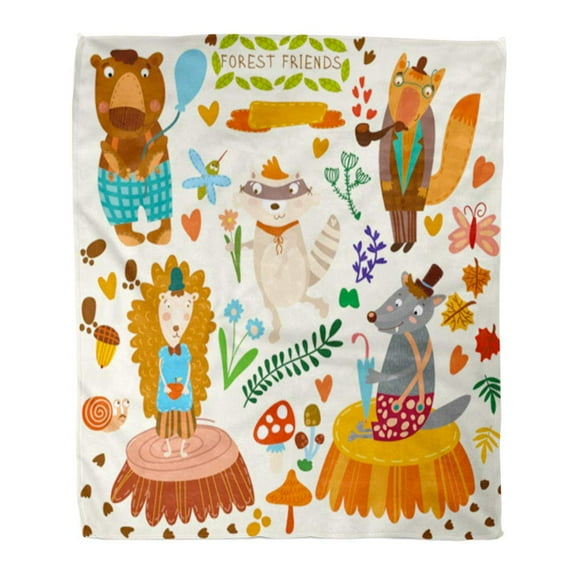ASHLEIGH Throw Blanket Warm Cozy Print Flannel Cute Woodland and Forest Bear Hedgehog Fox Wolf Raccoon Mosquito Comfortable Soft for Bed Sofa and Couch 50x60 Inches