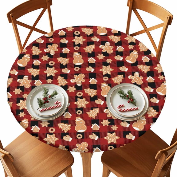 Christmas Round Tablecloth Gingerbread Man Tablecloths with Elastic Edge Fitted Cookie Red Black Buffalo Plaid Table Cover,Waterproof Oil Proof for Dinner,Outdoor, Party