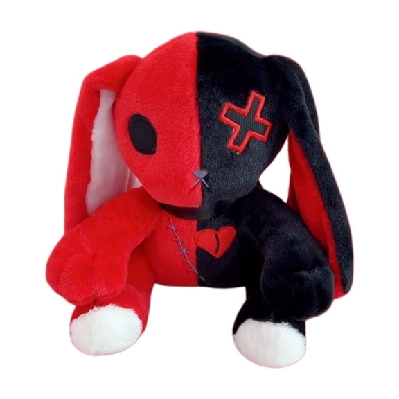 Red Black Split Patchwork Bunny Stuffed Animal Cute Stuffed Creature Rabbit Plush Toy For Bedroom Comfort(Red-25cm)