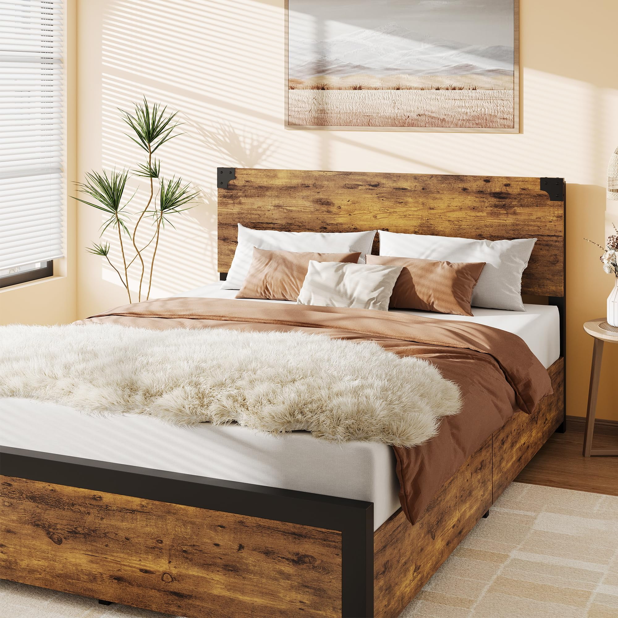 Queen Size Bed Frame with Wood Headboard, King Platform Bed Frame with Under Bed Storage and Metal Legs, Noise Free, No Box Spring Needed, Easy Assembly-Rustic Brown