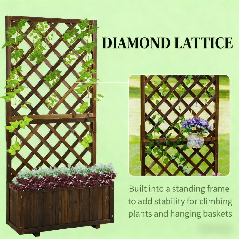 Garden Bed, Wooden Raised Garden Bed Planting Planter Box with Trellis and Drain Holes for Climbing Vine Plants