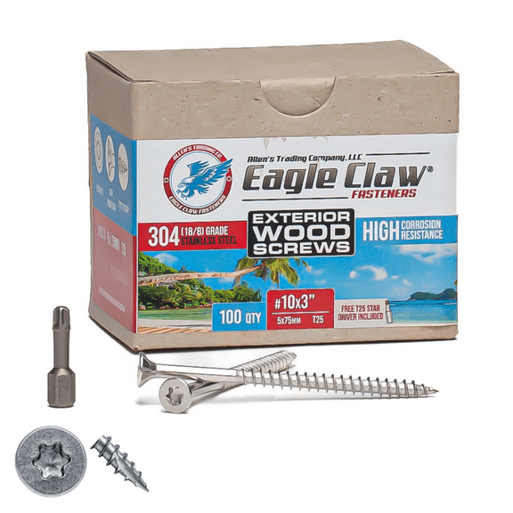 Eagle Claw Tools and Fasteners 10 x 3 Inch Stainless Steel Deck Screws 100 Box T25 Star Drive Included