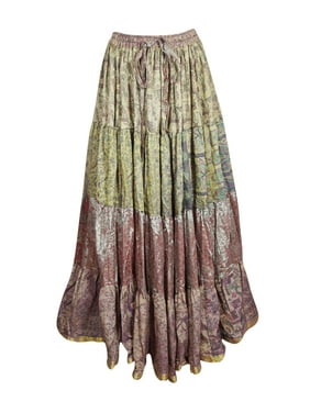 Mogul Women Shiny Green Full Flared Maxi Skirt Recycled Sari Vintage SUMMER Long Skirts M/L