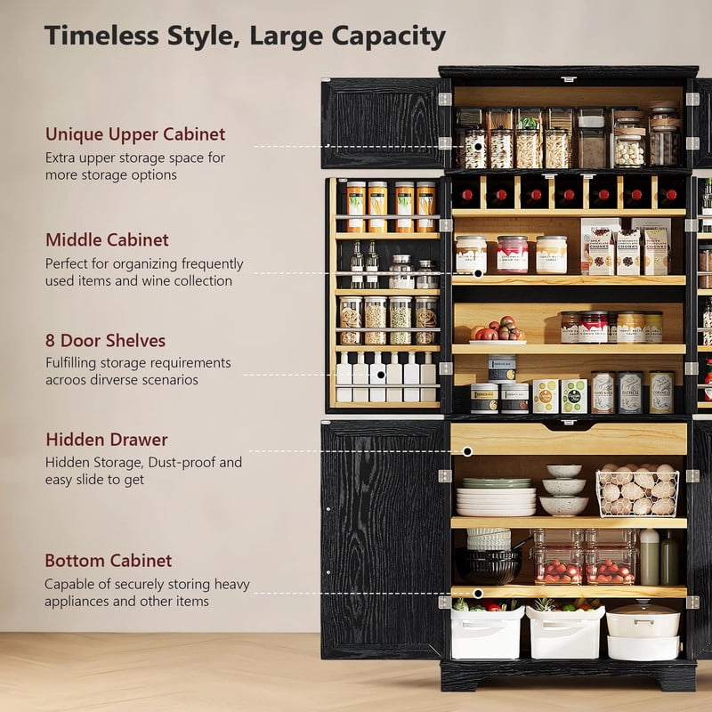 Farmhouse Kitchen Pantry Cabinet with 8 Door Shelves, 72''H Tall Kitchen Storage Cabinet with 4 Adjustable Shelves & Hidden Drawer, Versatile Cupboard with Wine Rack