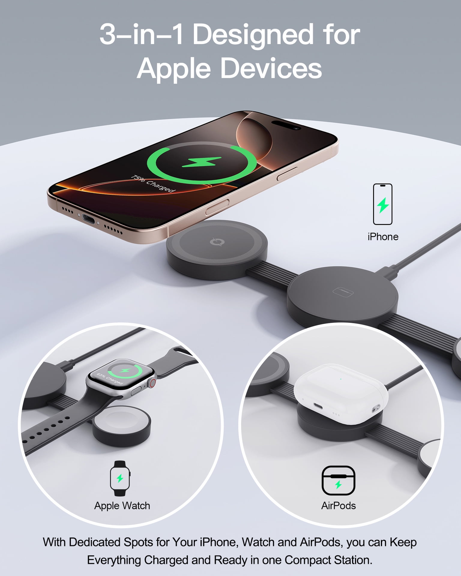 Travel Magnetic Wireless Mag-Safe MagGo UFO 3 in 1 Charging Station for Apple Multiple Devices (Black)