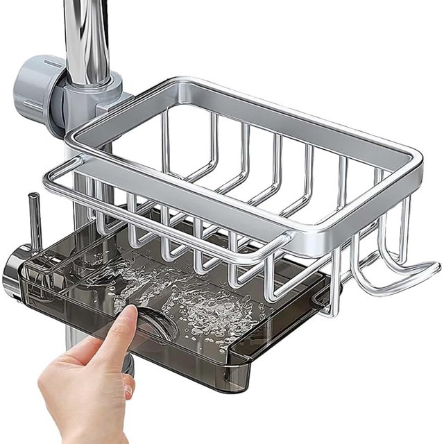 Kitchen Sink Faucet Organizer, New Sponge Holder for Kitchen Sink, Sink Organizer Rack for Kitchen, Multifunction Organizer Rack, for Bathroom, Scrubbers, Faucet, Soap (Silver, Install on The Right)