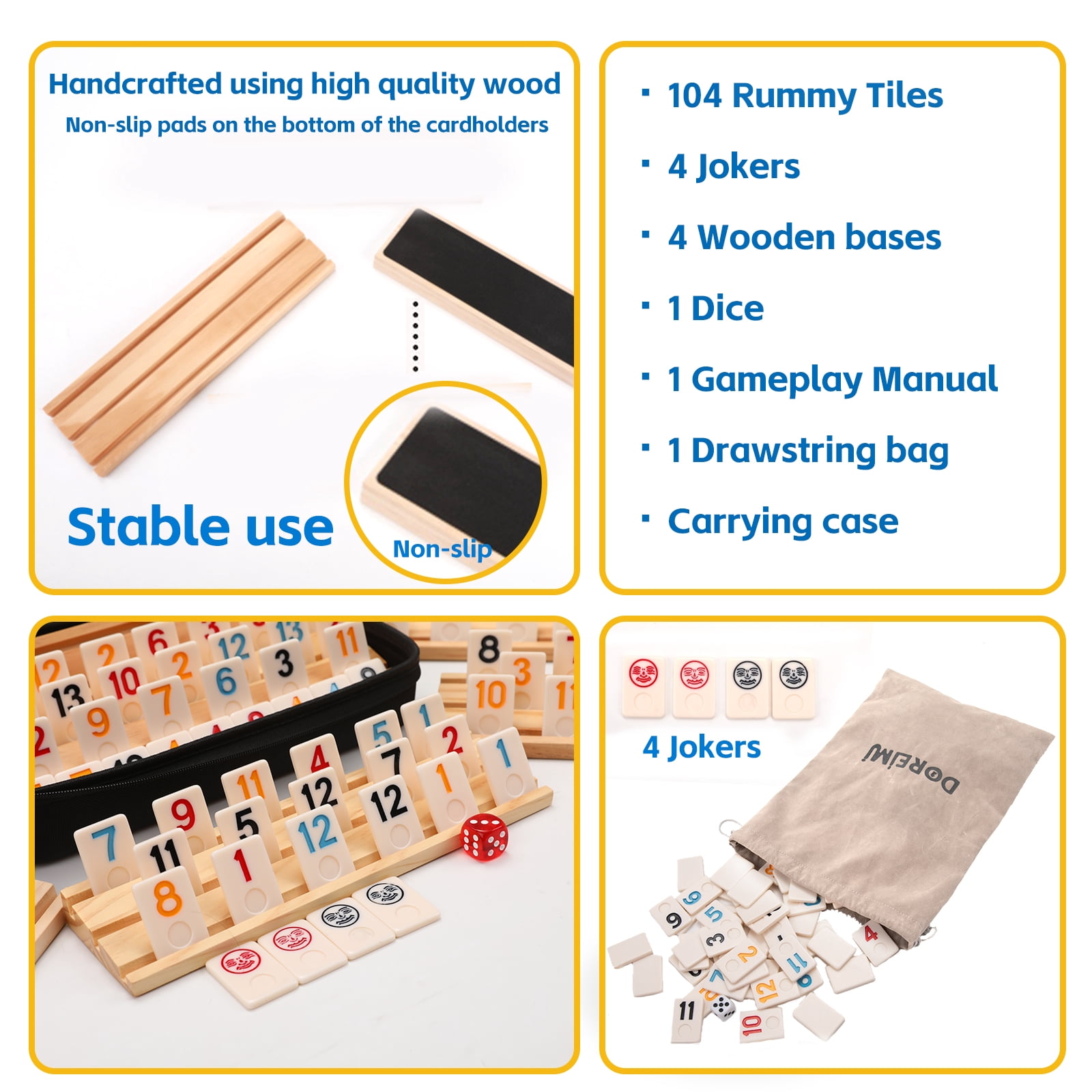 Rummy Cube 4 Player Edition with 4 Wooden Racks,108 Tiles Rummy Cube Game Original with Portable Case，Drawstring Bag Rummy Game Large Number Rummy Tiles Travel Game Set for Family Classic Board Games