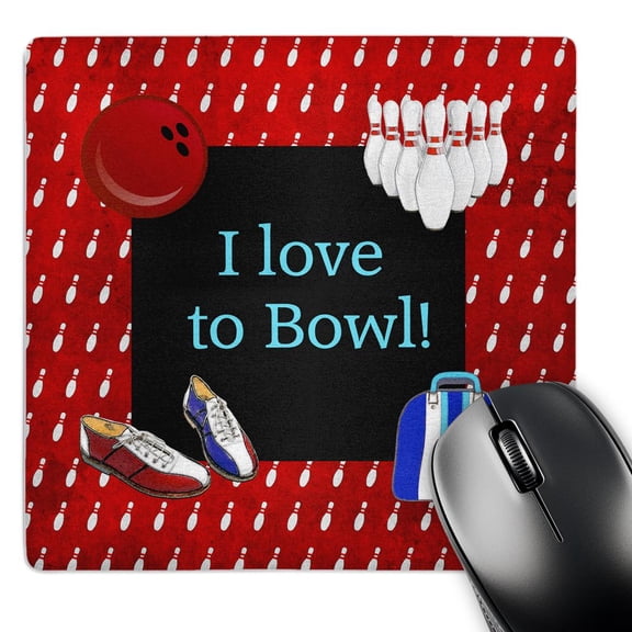 3dRose, I love to Bowl, Bowling Pins, Ball, Shoes, and Bag, Red, Blue, and White, MousePad