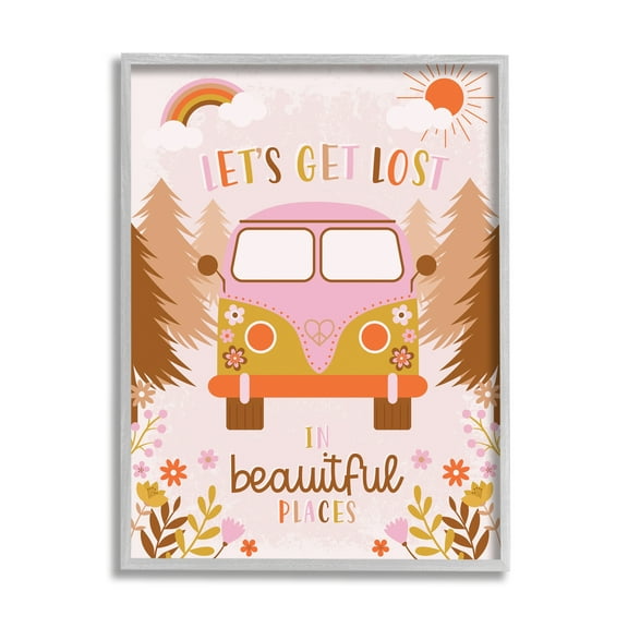 Stupell Industries Let's Get Lost Phrase Adventure Peace Flowers Van Graphic Art Gray Framed Art Print Wall Art, 11x14, by Angela Nickeas