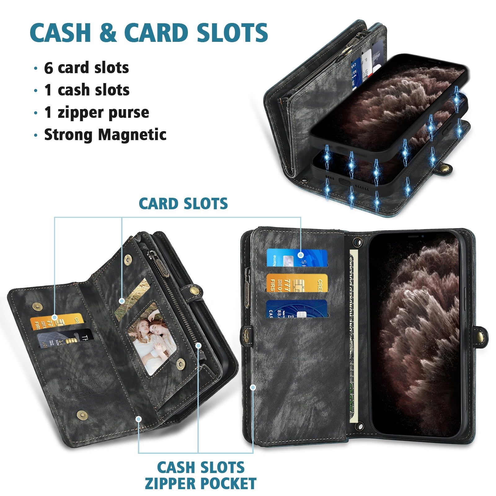 Asuwish Compatible with iPhone 13 Pro 6.1 inch Phone Case Zipper Wallet Tempered Glass Screen Protector Strap Flip Card Holder Cell Cover for iPhone13Pro 5G i i-Phone i13 iPhone13 13Pro Women Black