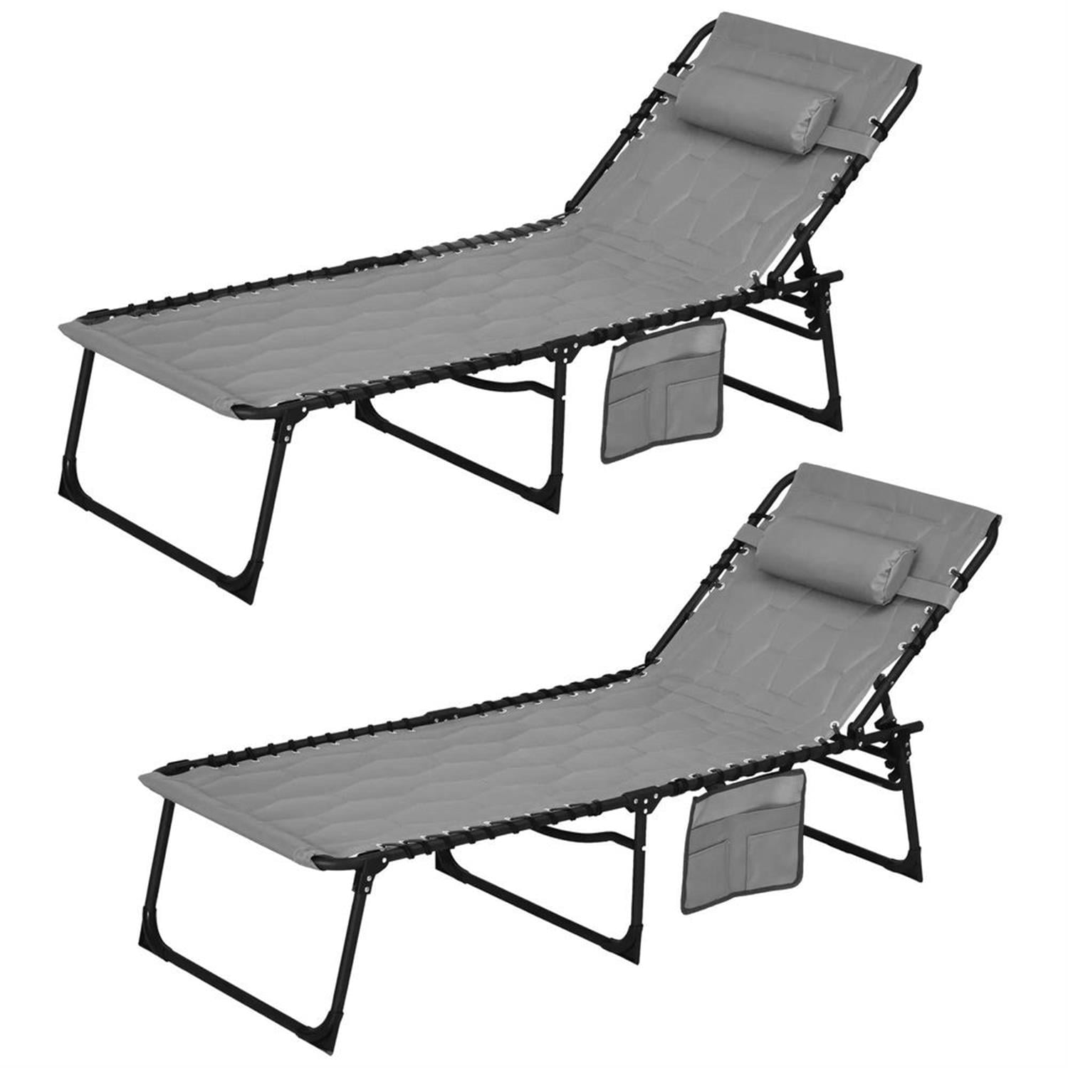 Demi Bonn 2 Piece Folding Chaise Lounge Set with Reclining Back, Portable Outdoor Patio Furniture for Beach, Yard, Gray