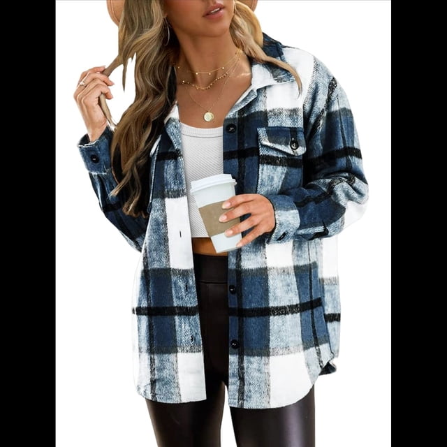 Ropa de Mujer para y Otoño, Elegante, de Larga, con Solapa, Holgada, A Cuadros, Chaqueta y Camisa de Franela con Botones. Azul L