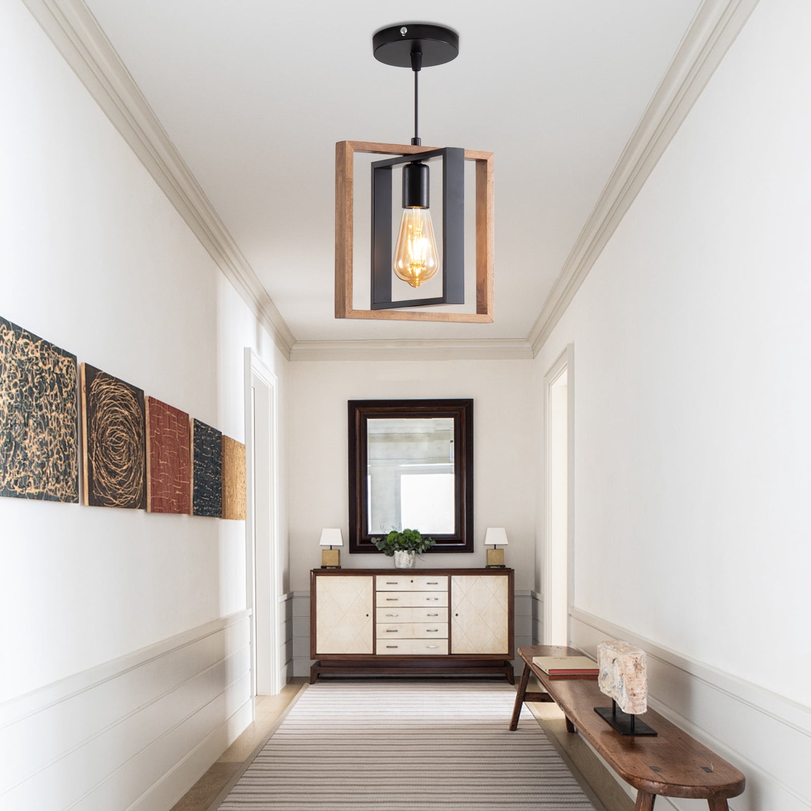 Farmhouse Pendant Light Fixture, Rustic Hanging Light Fixture with Wood Grain and Black Finish