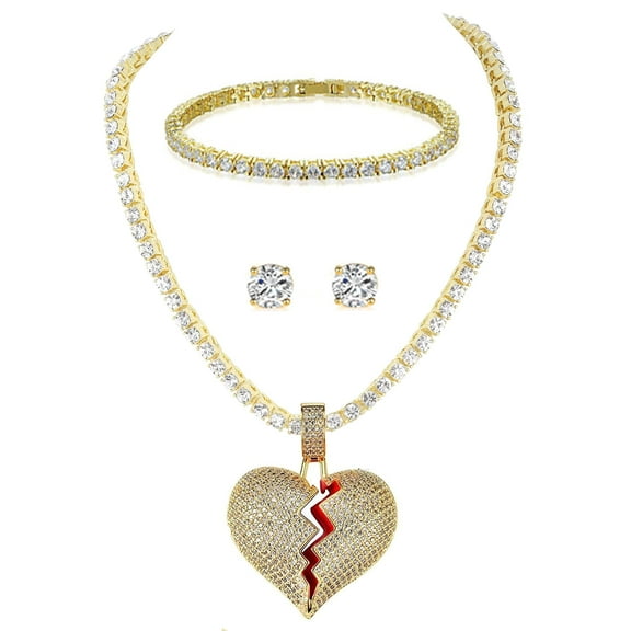 Slay Queen w/ Ladies on Fire Hip Hop 4pc Jewelry Tennis Necklace, Pendant, Bracelet and Earrings Bling Set - TPBE-01 (20" Heart Gold)
