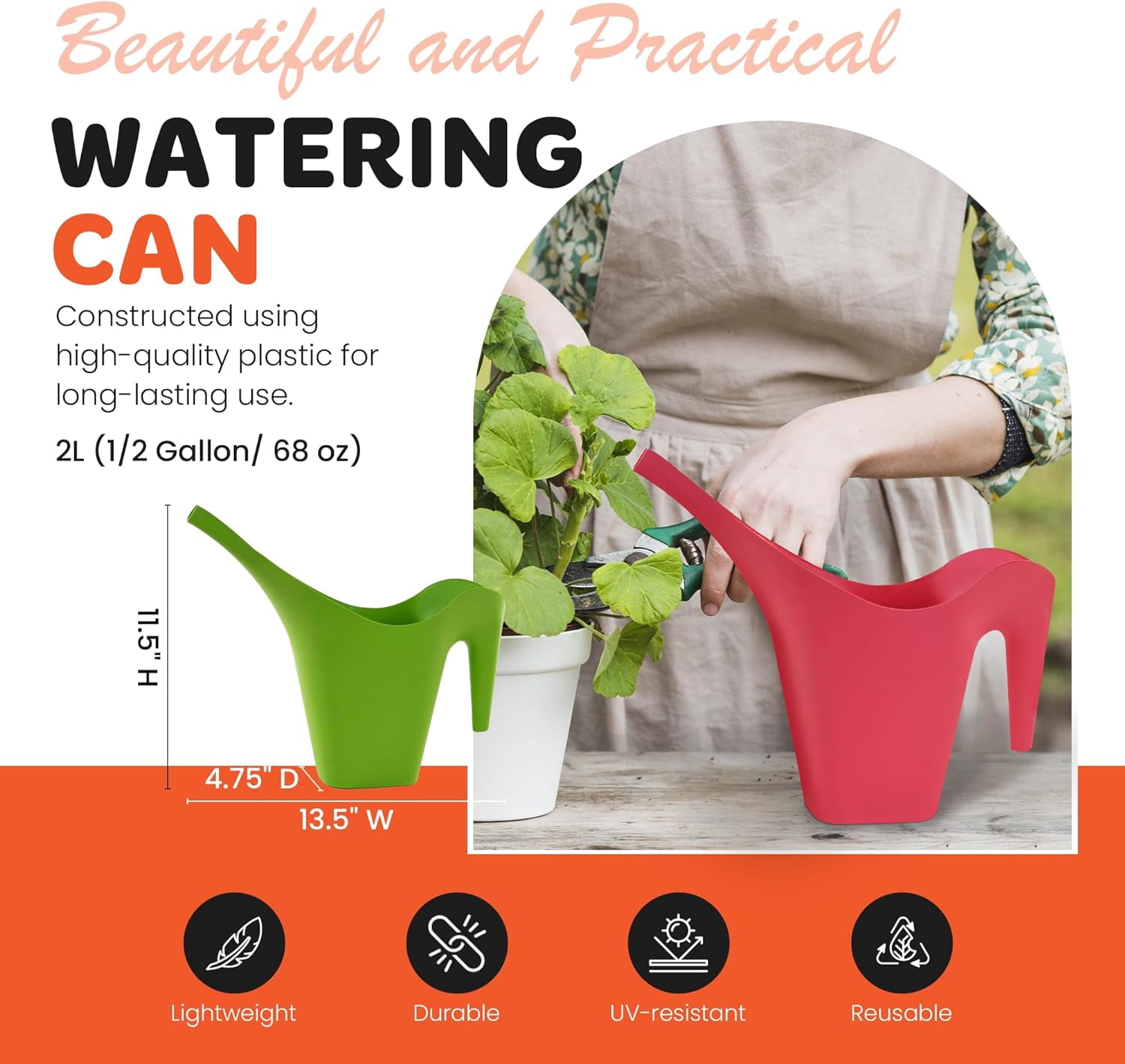 Mintra 1/2 Gallon Plant Watering Can, Long Spout Plastic Water Pitcher for Indoor & Outdoor Use, Durable Lightweight Can Flowers Potted Plants, 1 Pack, 2L/68 oz – Black